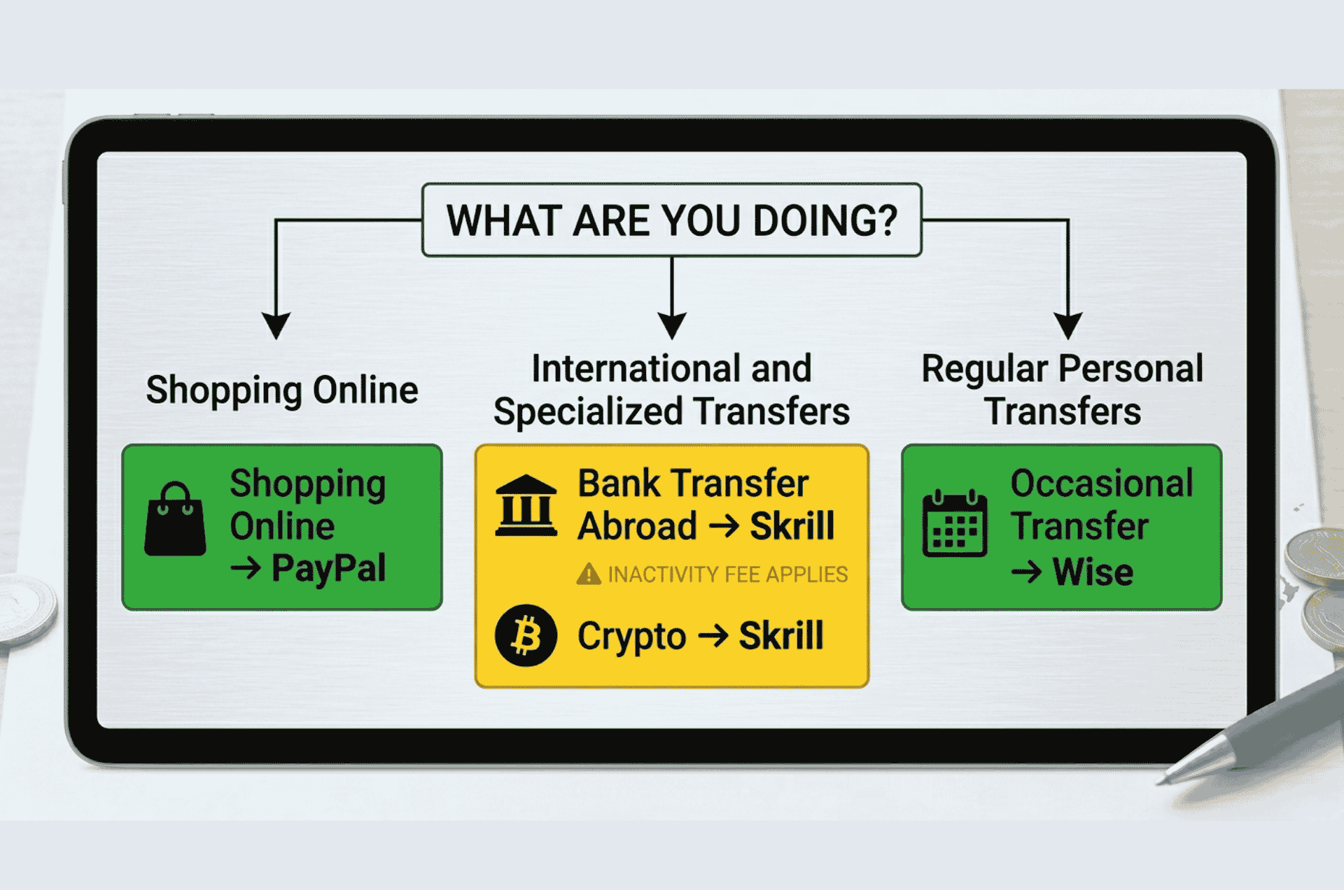 Decision flowchart for PayPal vs Skrill international fees: shopping use PayPal, bank transfers use Skrill, crypto use Skrill, occasional transfers use Wise