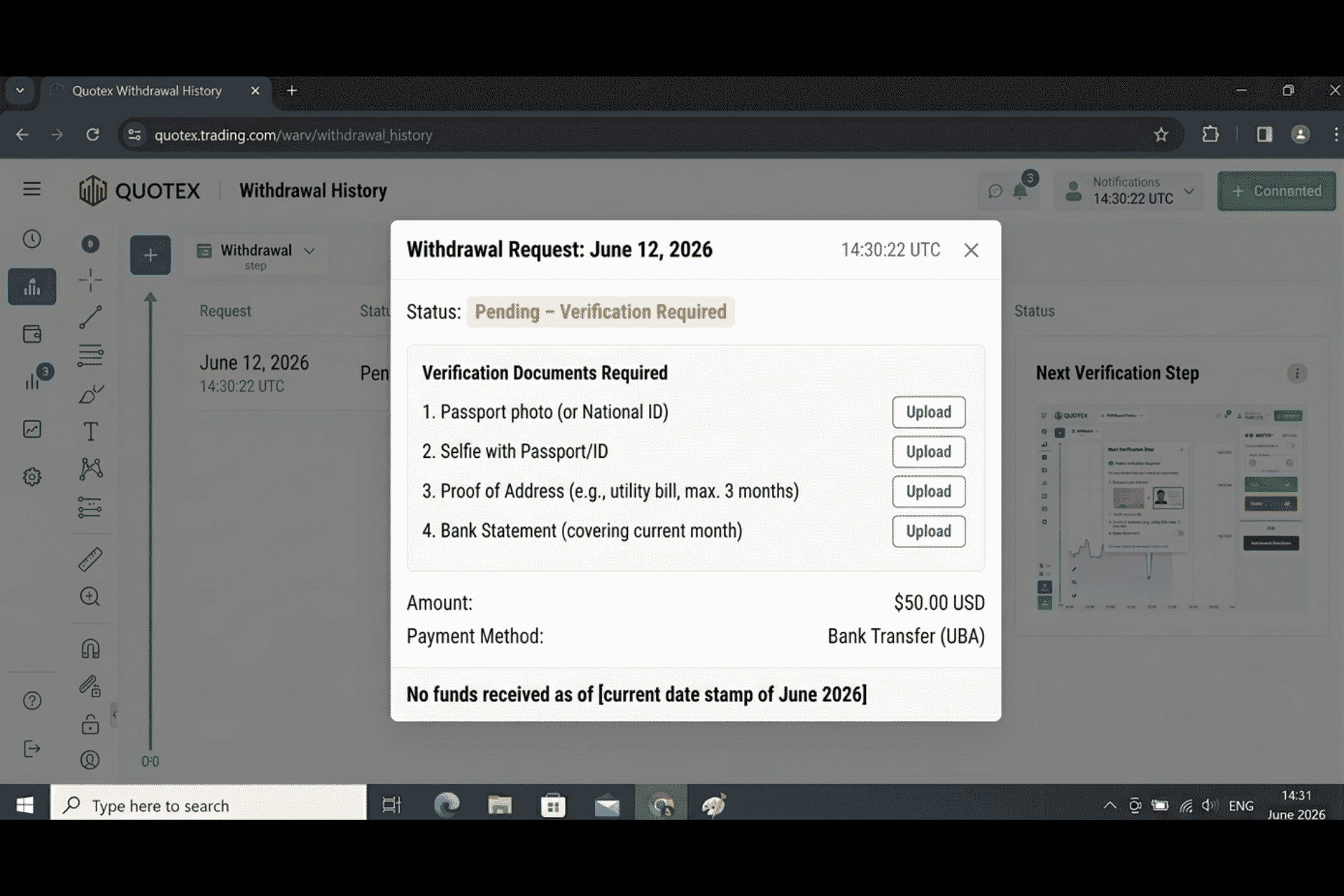 Quotex withdrawal pending for 7 days, showing verification for the best trading platforms for beginners 2026