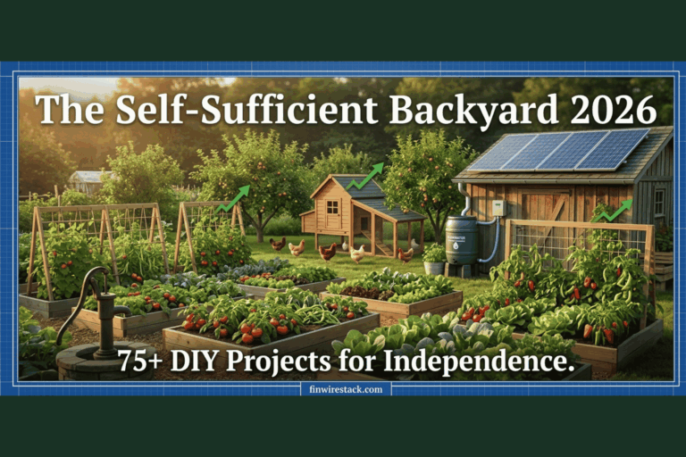 The Self-Sufficient Backyard book showing a thriving homestead with vegetable garden, chicken coop, rainwater barrel, and solar panels