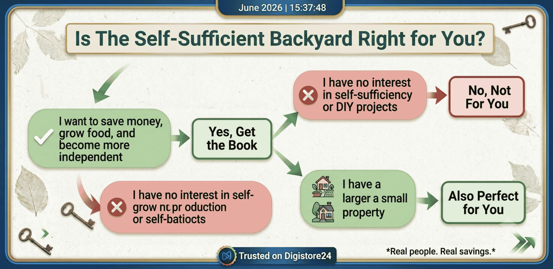 Decision flowchart for The Self-Sufficient Backyard showing it is for people who want to save money and become independent, regardless of property size