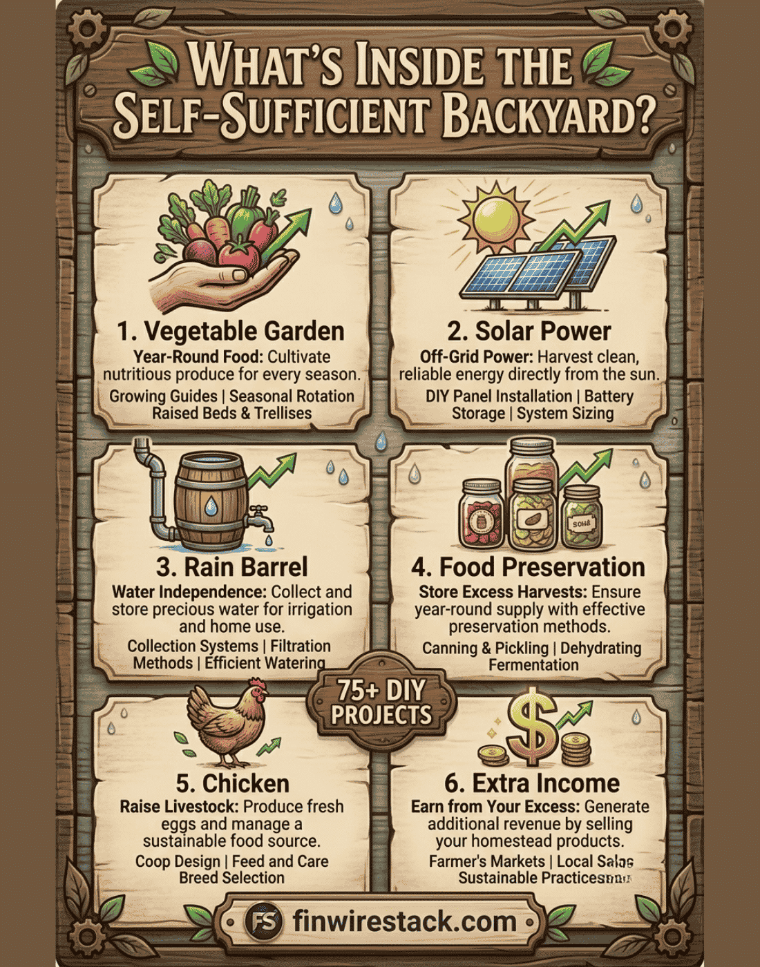 Infographic showing key topics in The Self-Sufficient Backyard: year-round food, off-grid power, water independence, food preservation, raising livestock, and extra income