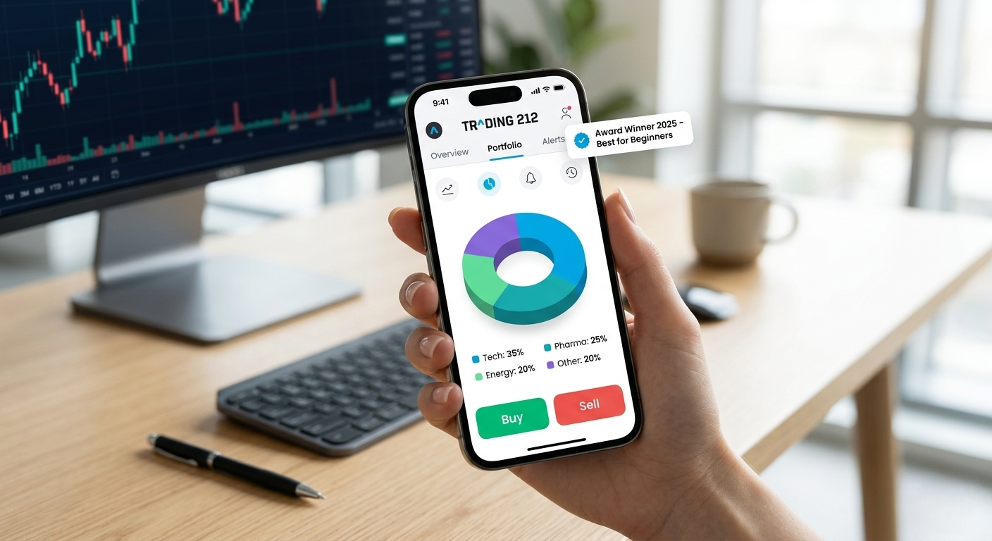 Trading 212 mobile app interface showing clean design with buy and sell buttons and award winner badge for best for beginners