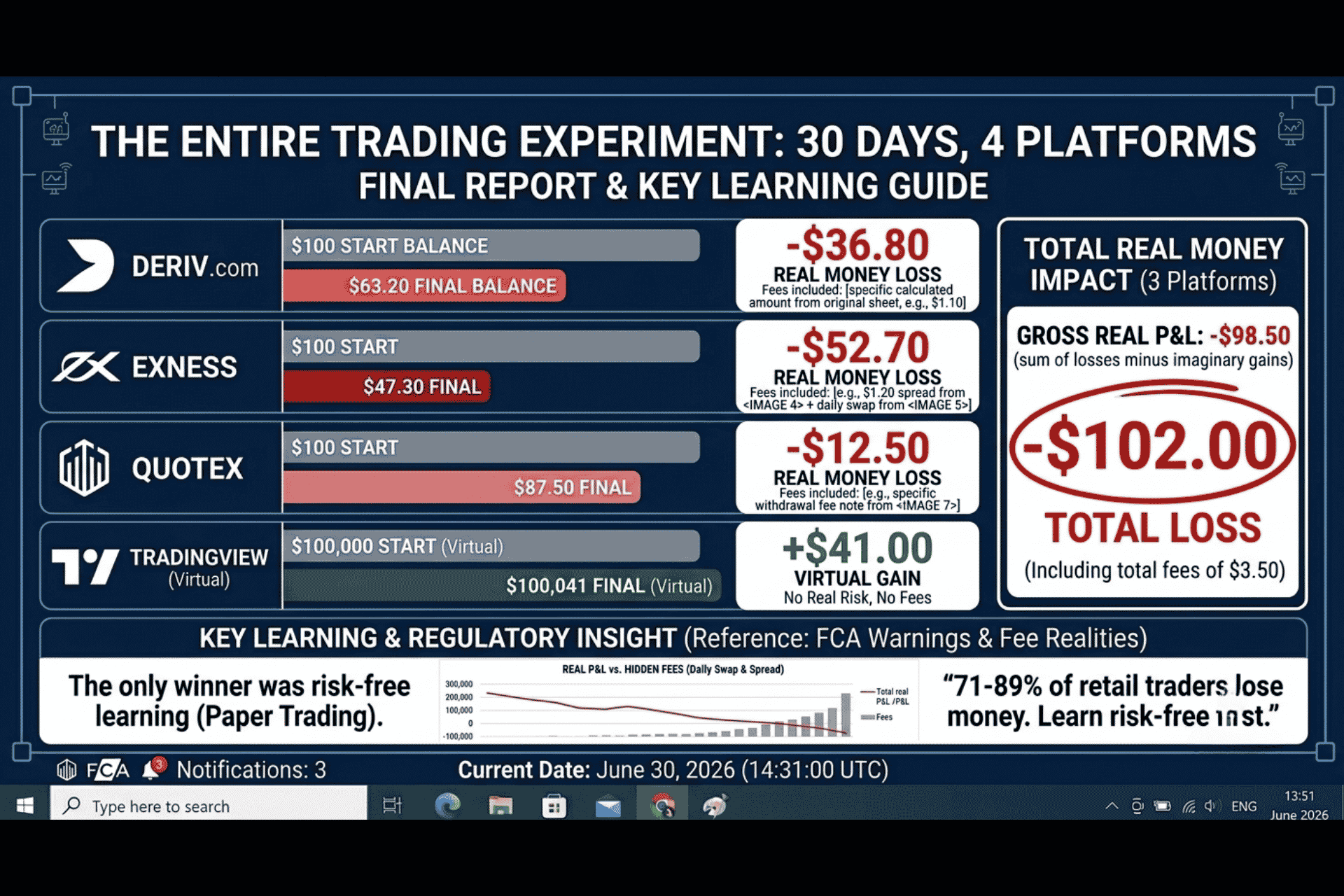 Infographic showing $100 trading experiment results for best trading platforms for beginners 2026