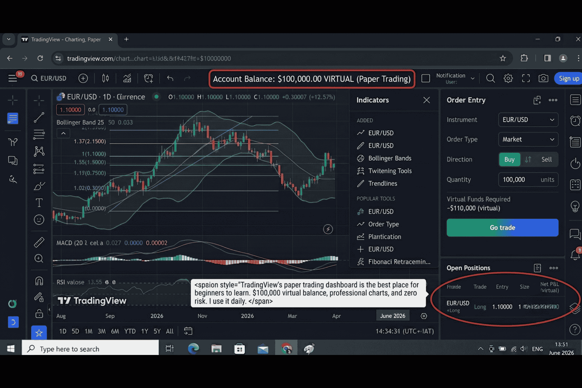 TradingView paper trading dashboard showing virtual balance for the best trading platforms for beginners, 2026