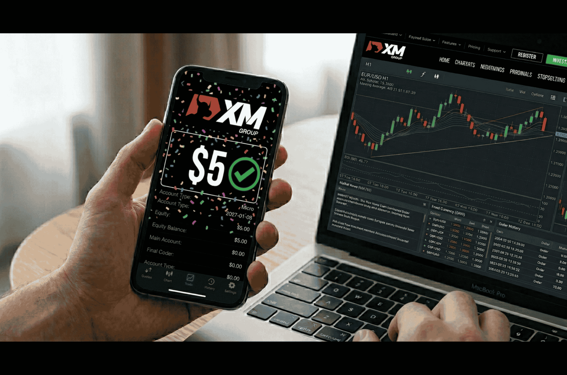 XM Group forex broker showing 5 dollar minimum deposit on smartphone screen with green checkmark, ranked for best forex brokers