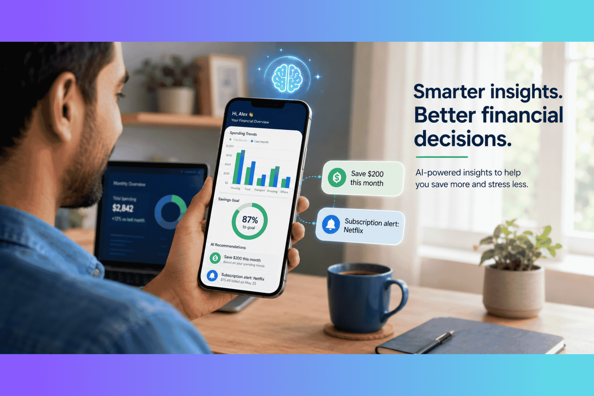 AI financial advisor dashboard on a smartphone showing personalized spending insights, savings goals, and AI-powered recommendations for better money management.