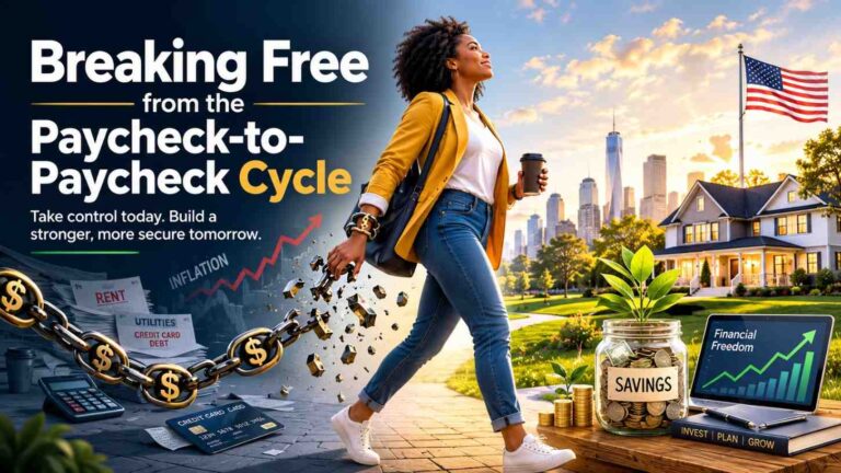 A person breaking free from the paycheck-to-paycheck cycle, stepping toward financial freedom with savings and stability