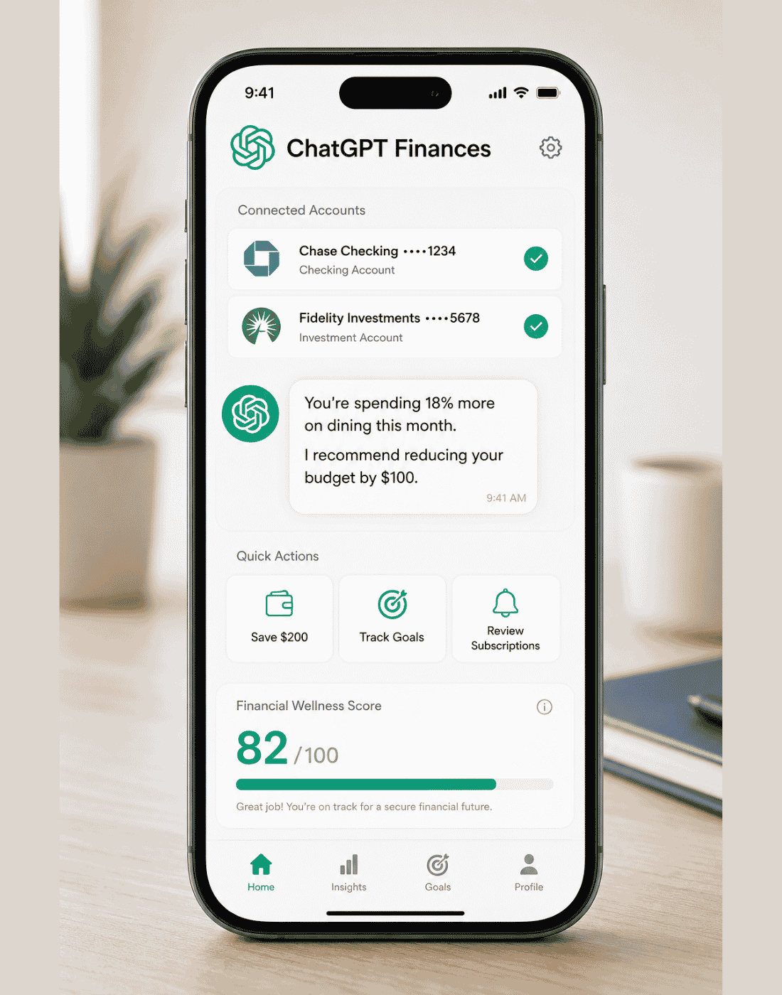 AI financial advisor ChatGPT personal finance app showing connected bank accounts, spending insights, and AI-powered money recommendations.