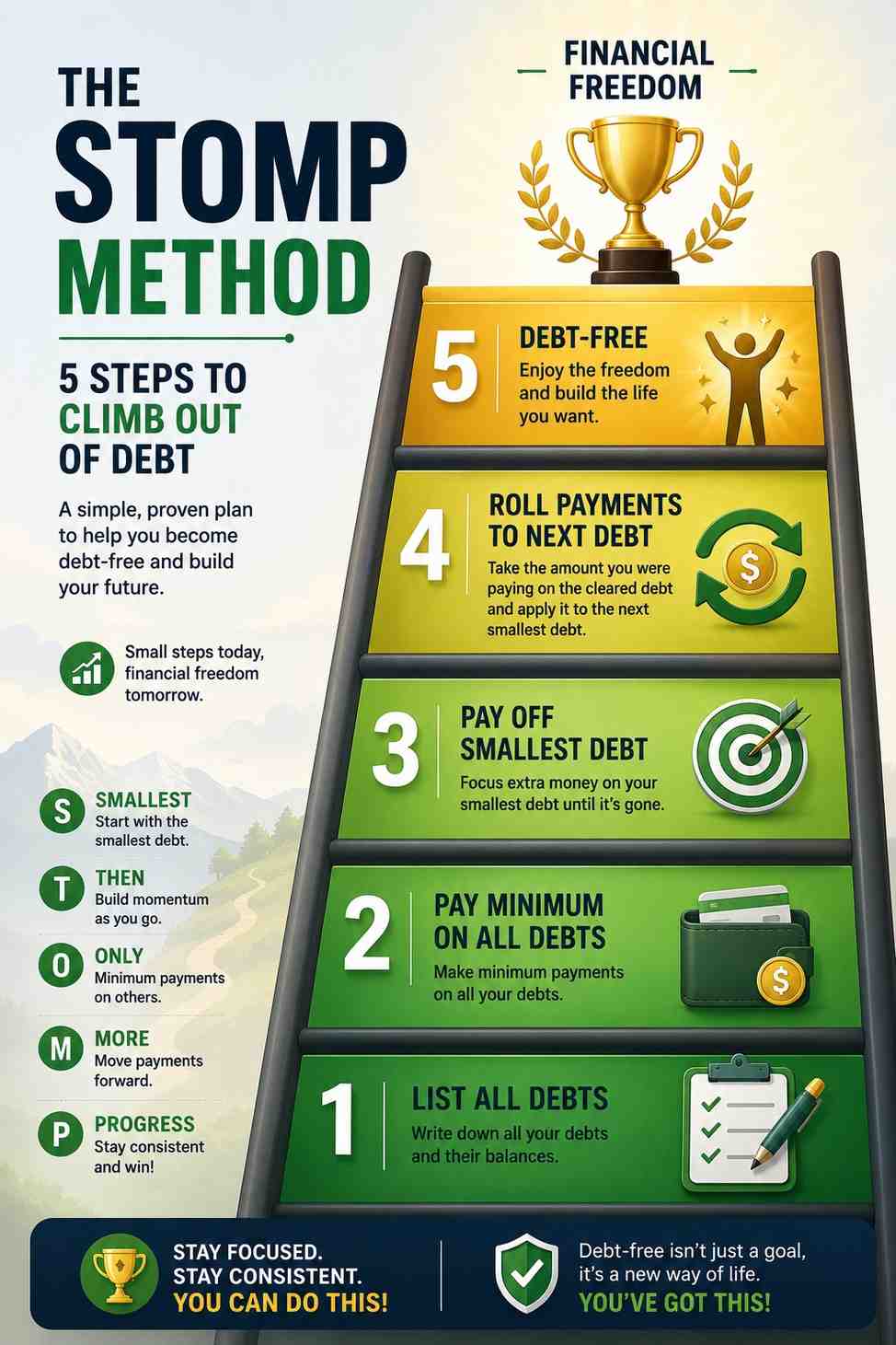 Infographic showing the STOMP method for climbing out of debt and achieving financial freedom