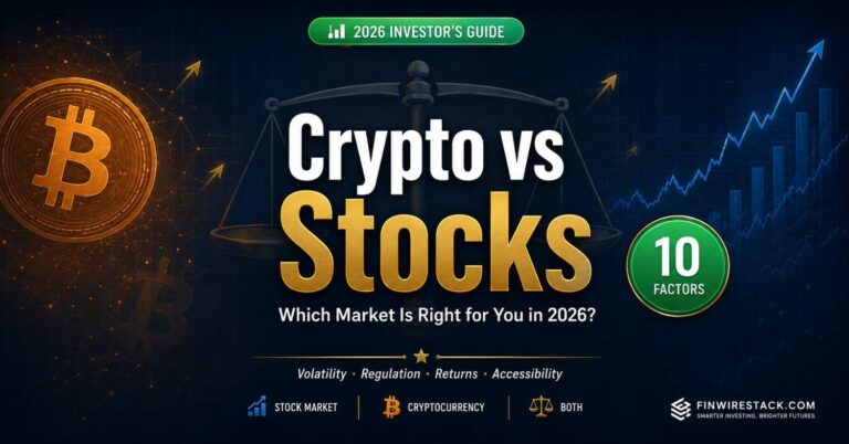 Crypto vs stocks featured image showing comparison between Bitcoin and stock market investing with 10 factors for beginners in 2026