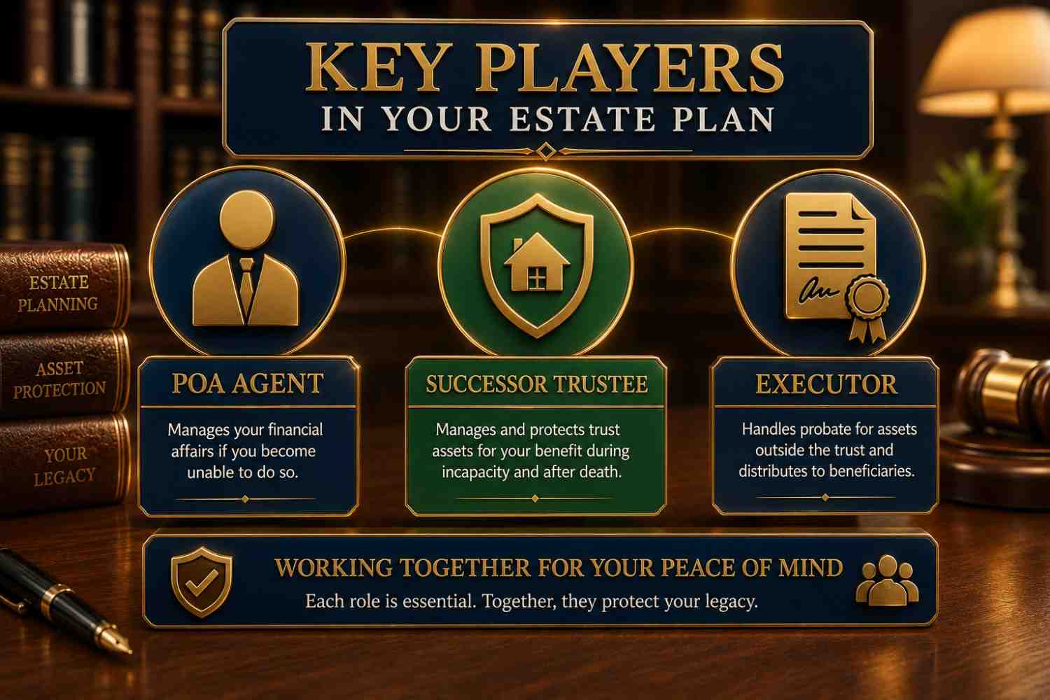 Key players in estate planning—POA agent, successor trustee, and executor