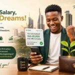 A young professional in Kenya celebrating their first salary guide, with a phone showing a deposit notification and a Nairobi skyline background.