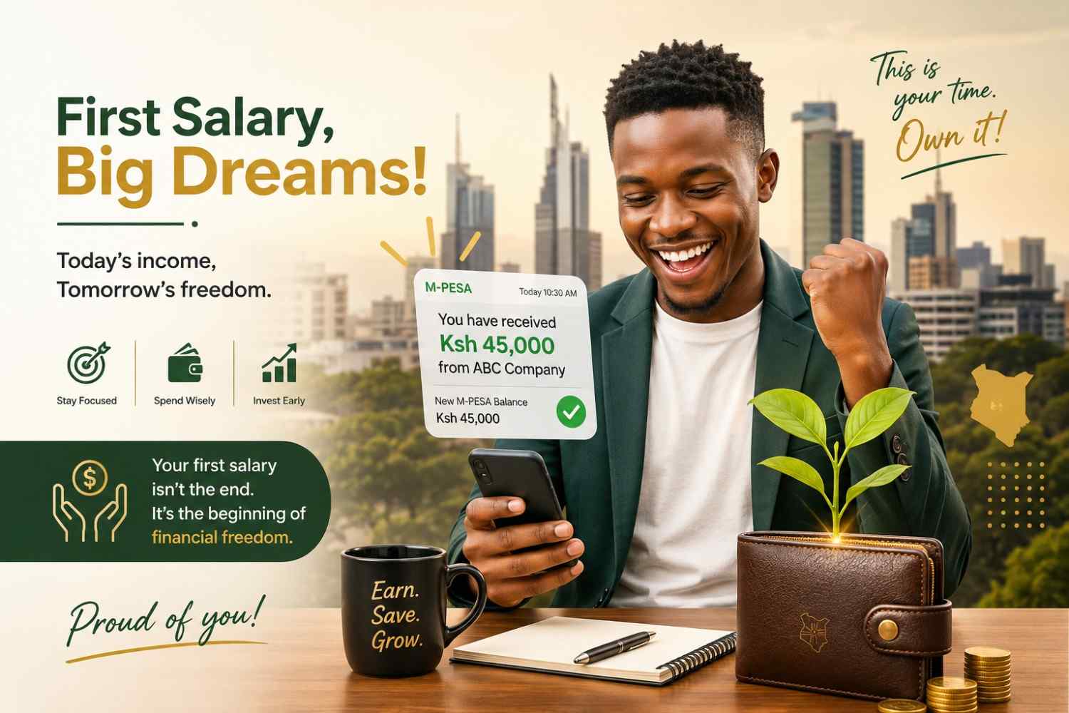 A young professional in Kenya celebrating their first salary guide, with a phone showing a deposit notification and a Nairobi skyline background.