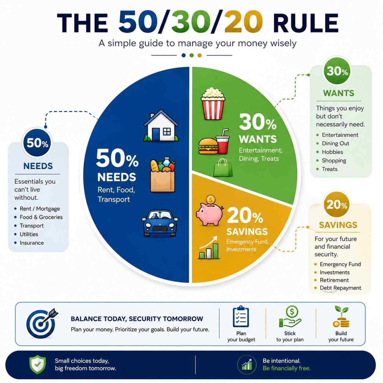 Infographic showing the 50/30/20 budget rule from the first salary Kenya guide with Kenyan examples for needs, wants, and savings.