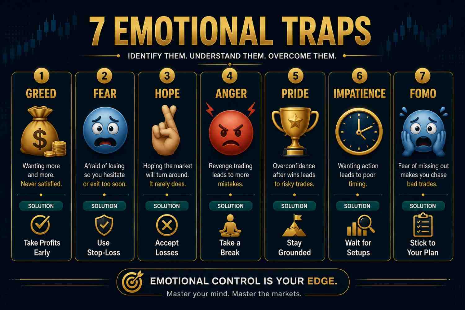 Forex trading psychology emotional traps showing fear greed hope anger and FOMO with solutions for beginners