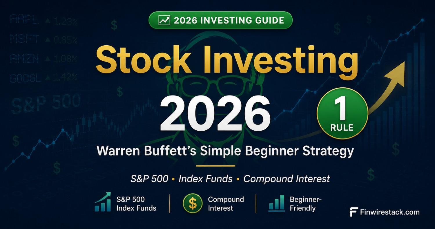 Stock investing for beginners 2026 featured image showing Warren Buffett S&P 500 index funds and compound interest strategy for building wealth
