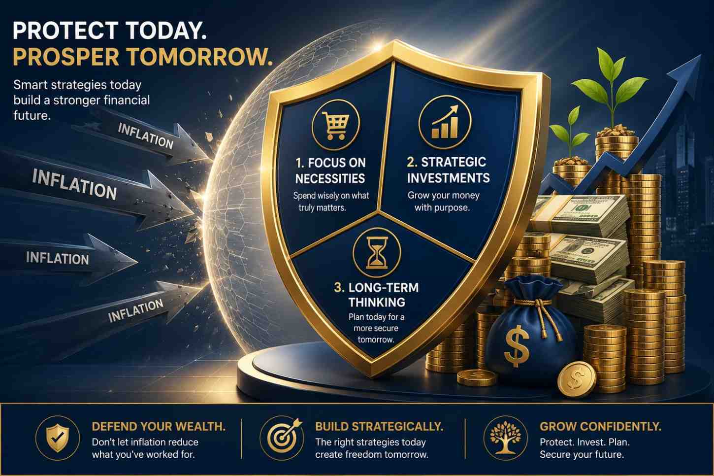 Illustration showing a shield protecting money from inflation arrows with three key strategies for financial protection