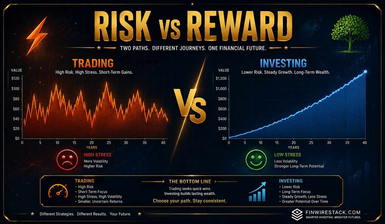 Trading vs investing risk and reward comparison showing volatility stress levels and potential returns for beginners in 2026
