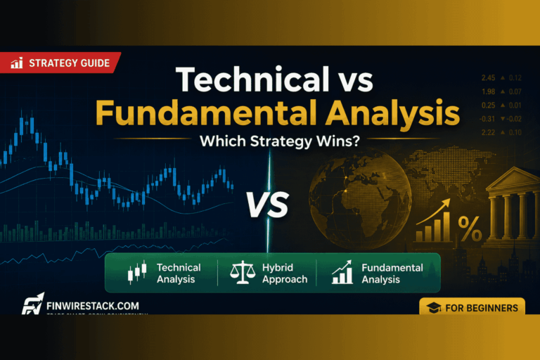 Technical vs fundamental analysis comparison featured image showing trading charts and economic data for forex beginners