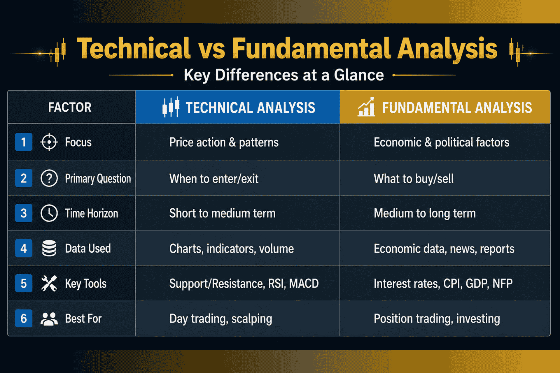 Technical vs fundamental analysis comparison table showing focus time horizon and tools for forex trading beginners