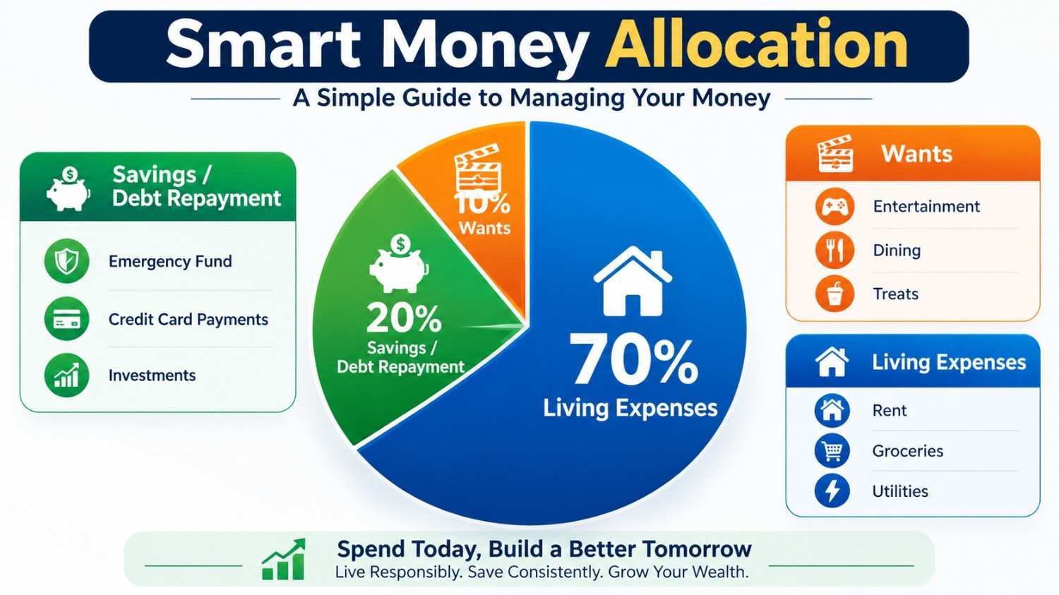 Infographic showing the 70-20-10 budget rule for breaking the paycheck-to-paycheck cycle