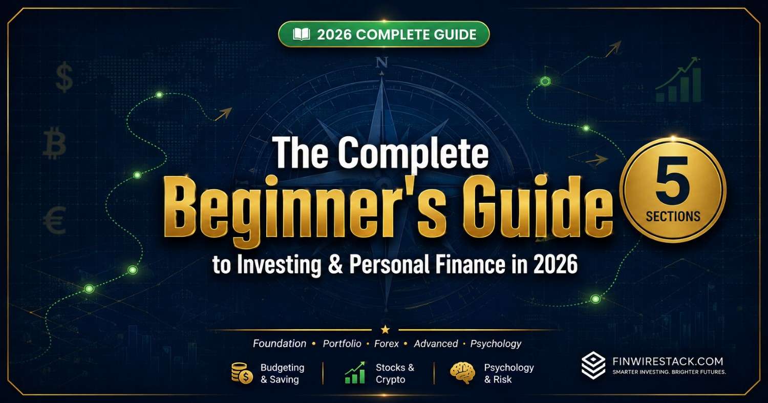 The complete beginner's guide to investing and personal finance featured image showing a roadmap of financial education with 5 sections for 2026