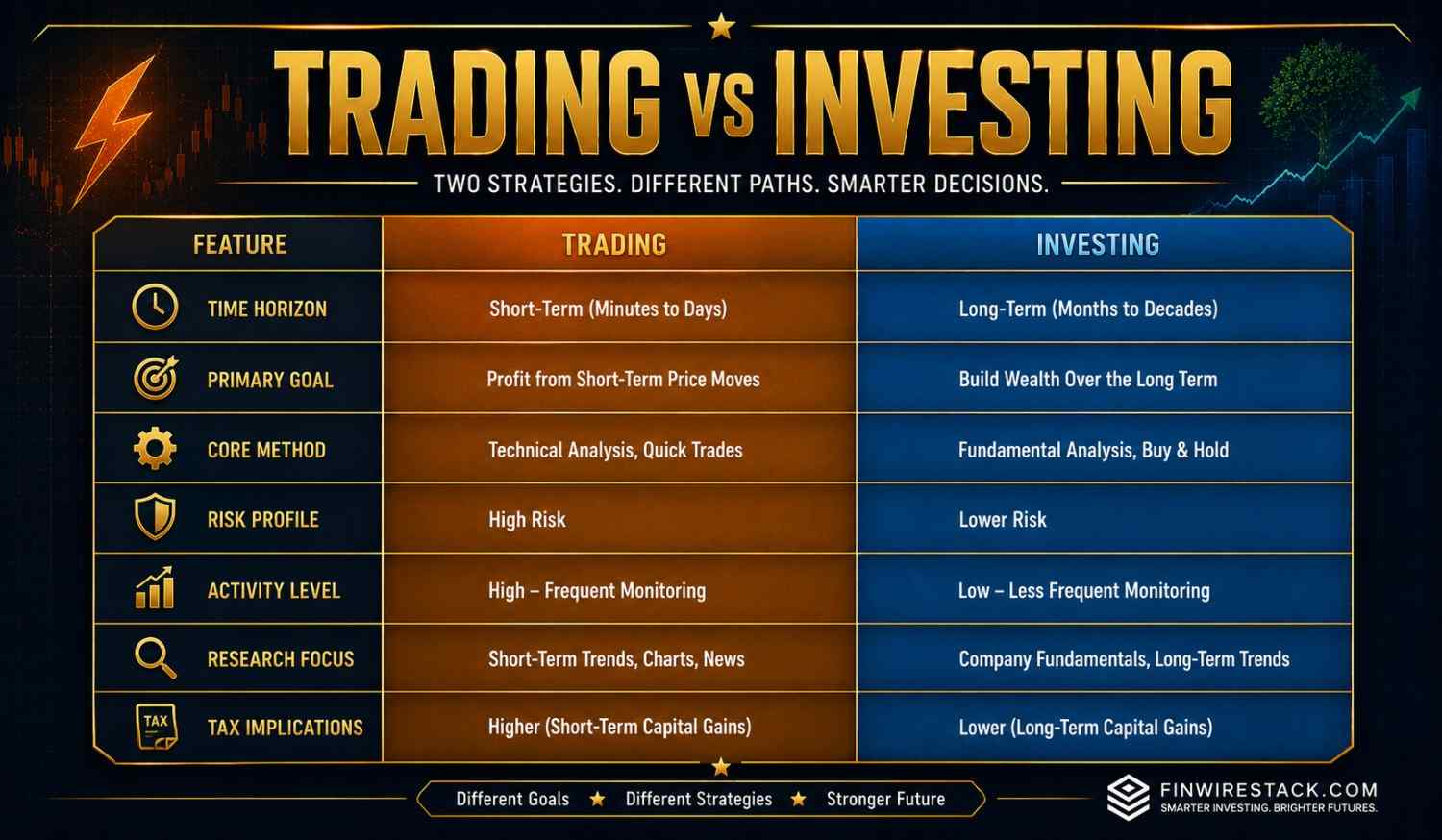 Trading vs investing comparison table showing time horizon risk profile activity level and goals for beginners in 2026