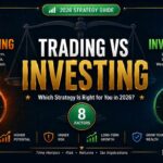 Trading vs investing featured image showing comparison between short-term trading and long-term investing with 8 factors for beginners in 2026