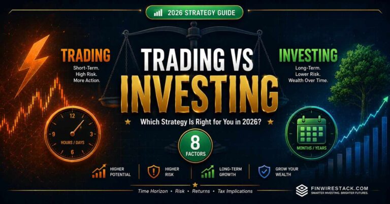 Trading vs investing featured image showing comparison between short-term trading and long-term investing with 8 factors for beginners in 2026