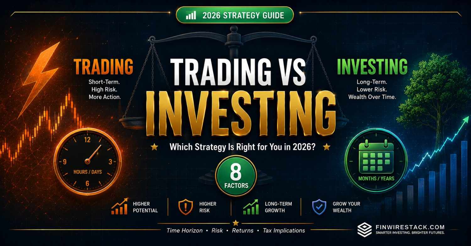 Trading vs investing featured image showing comparison between short-term trading and long-term investing with 8 factors for beginners in 2026