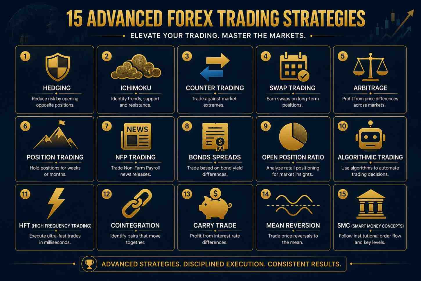 Advanced Forex strategies overview showing 15 institutional-grade techniques including SMC order blocks and algorithmic trading for consistent profits