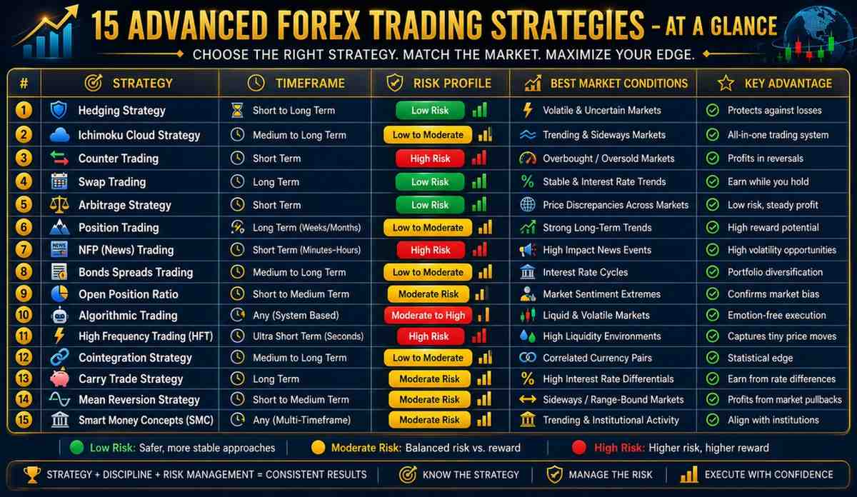 Advanced Forex strategies comparison showing 15 techniques with risk profiles, timeframes, and best market conditions for each