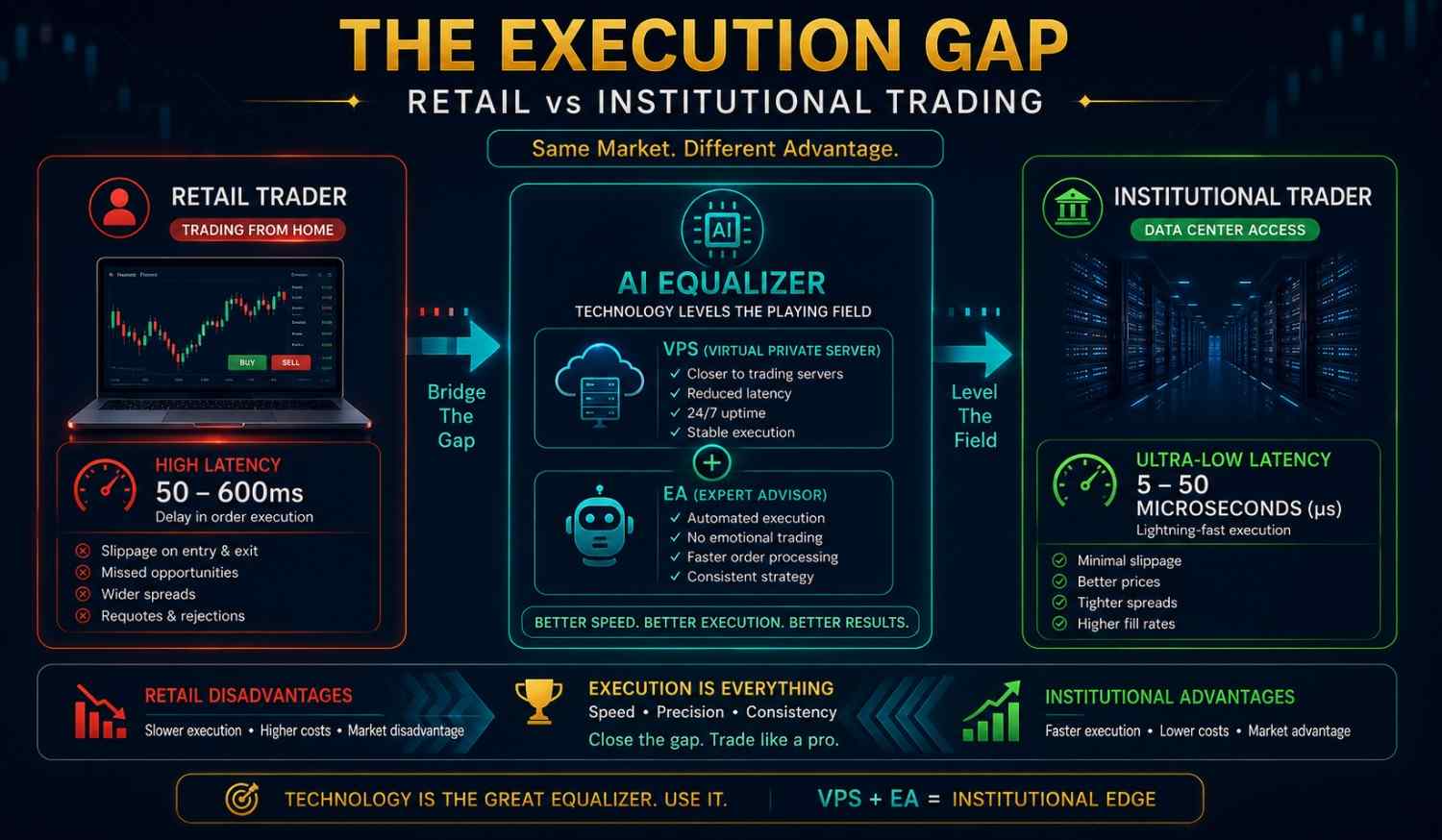 Advanced Forex strategies algorithmic trading showing execution gap retail vs institutional and software options for automated trading