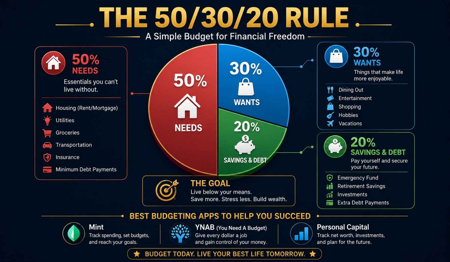 Personal finance management in 2026 budgeting and expense tracking showing the 50/30/20 rule and digital tools for beginners