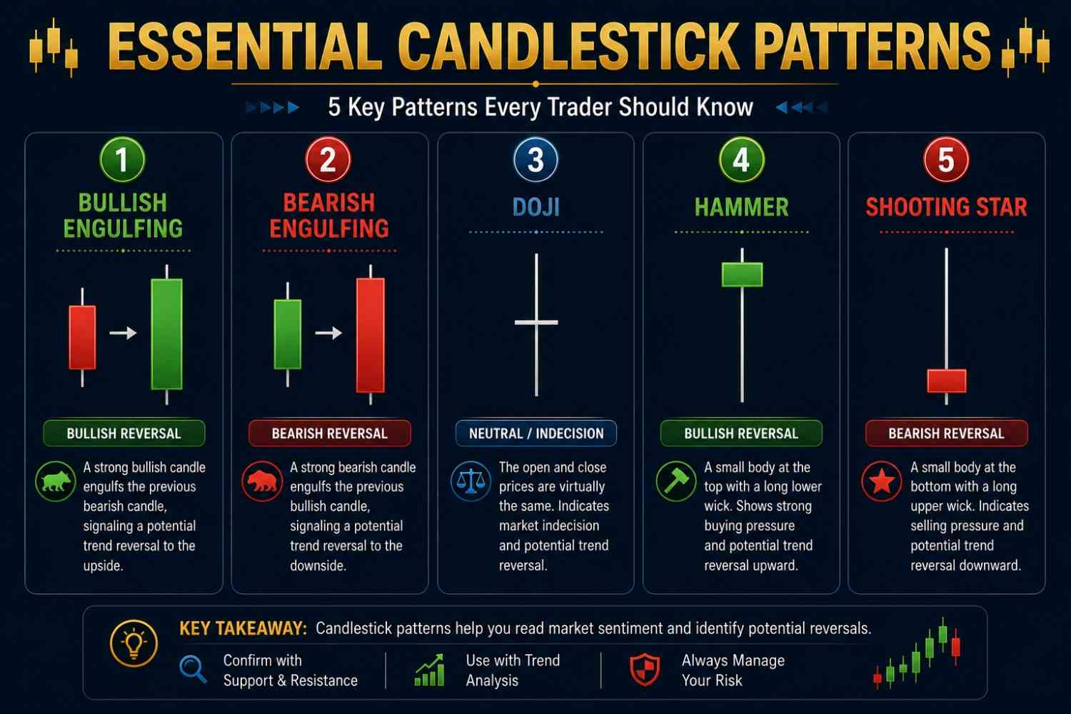 How to read forex charts: candlestick patterns including engulfing, doji, hammer, shooting star and inside bar for beginners