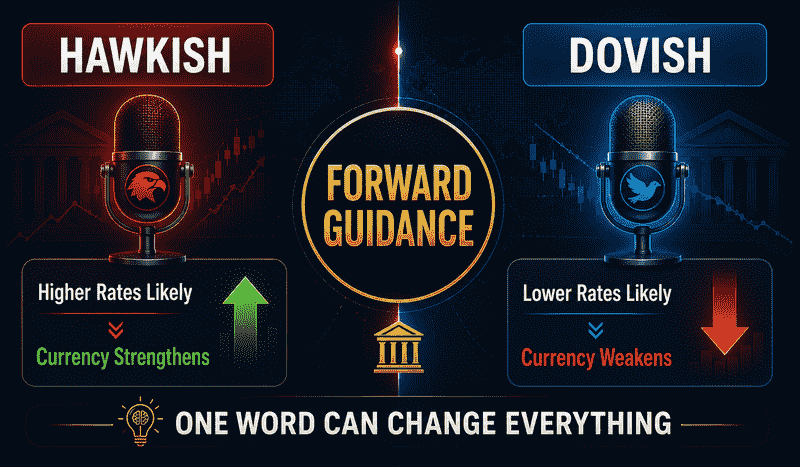 Central banks and forex forward guidance showing hawkish and dovish communication styles and their market impact for traders