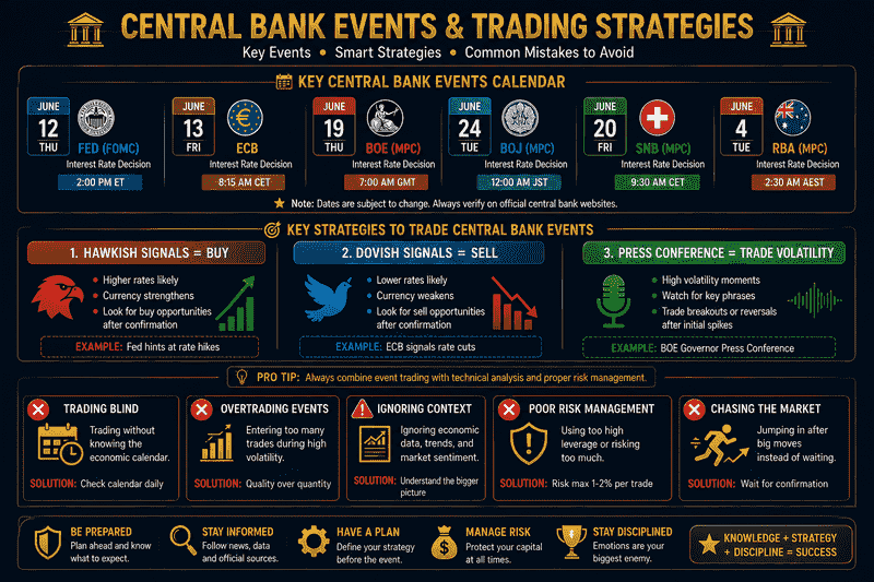 Central banks and forex strategy summary showing rate decision calendar trading tips and common mistakes for beginners