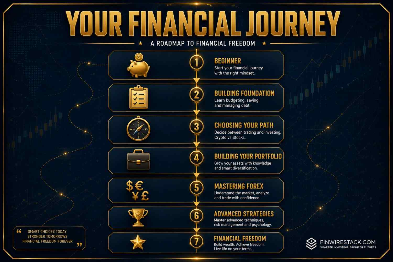 The complete beginner's guide to investing and personal finance complete learning path showing progression from beginner to advanced trader