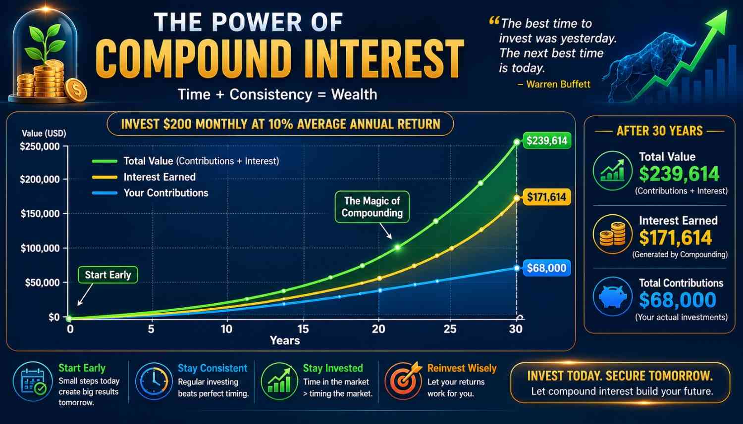 Stock investing for beginners 2026 compound interest chart showing how $100 monthly contributions grow to $226,000 over 30 years