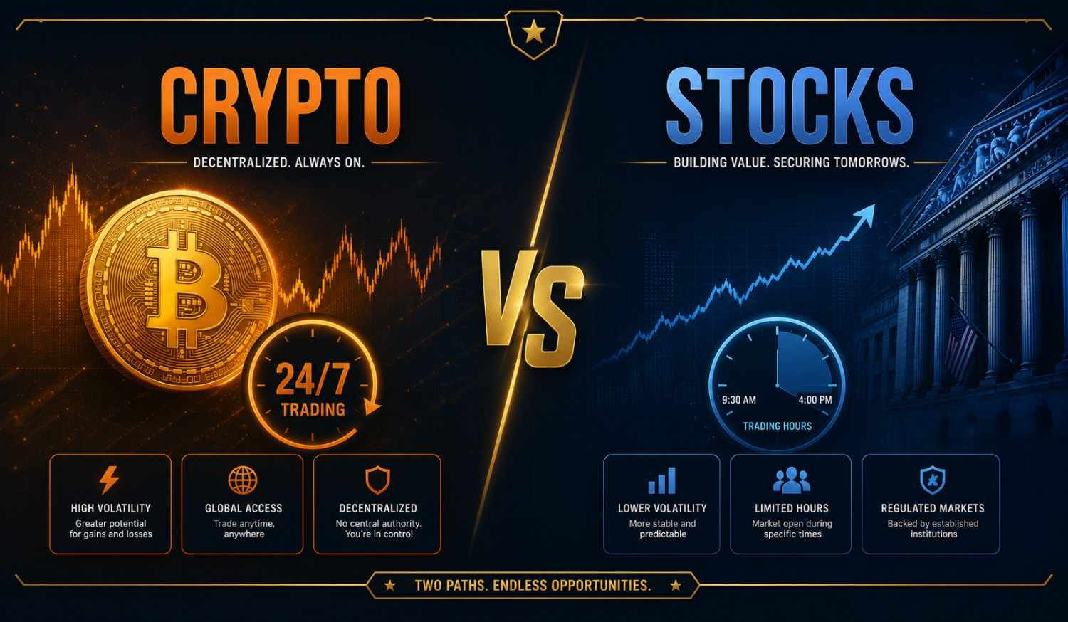Crypto vs stocks comparison overview showing Bitcoin trading and stock market investing with risk reward analysis for beginners in 2026