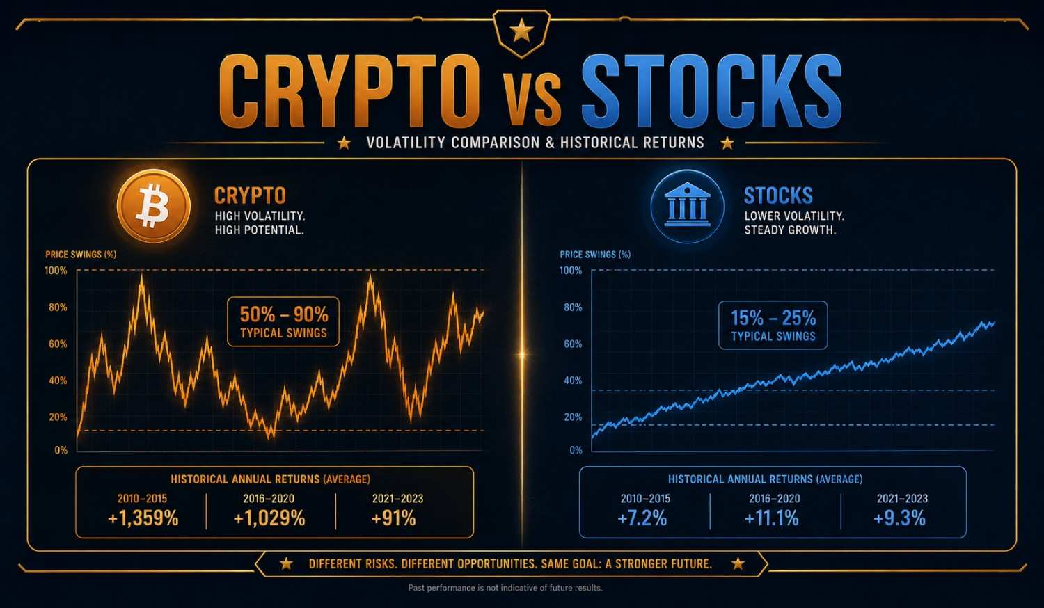Crypto vs stocks risk and reward analysis showing volatility comparison and historical performance for beginners in 2026