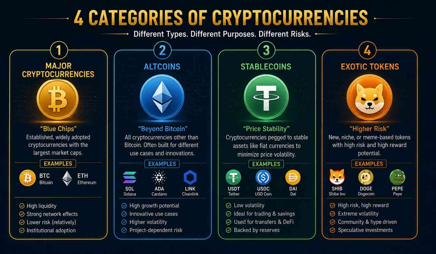 Cryptocurrency trading for beginners types of cryptocurrencies showing Bitcoin Ethereum altcoins stablecoins and exotic tokens with market cap examples