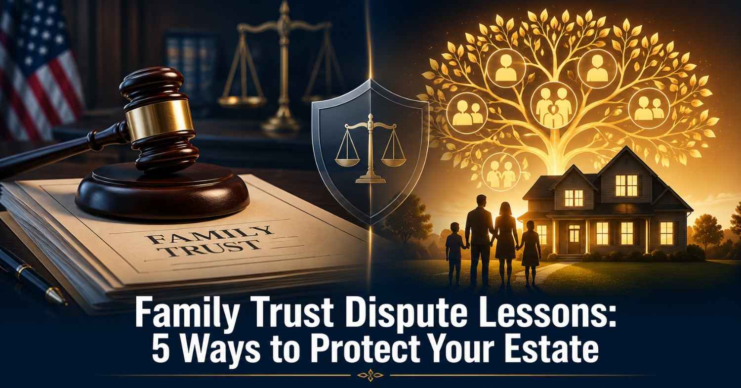 Family trust dispute lessons - gavel and family house silhouette