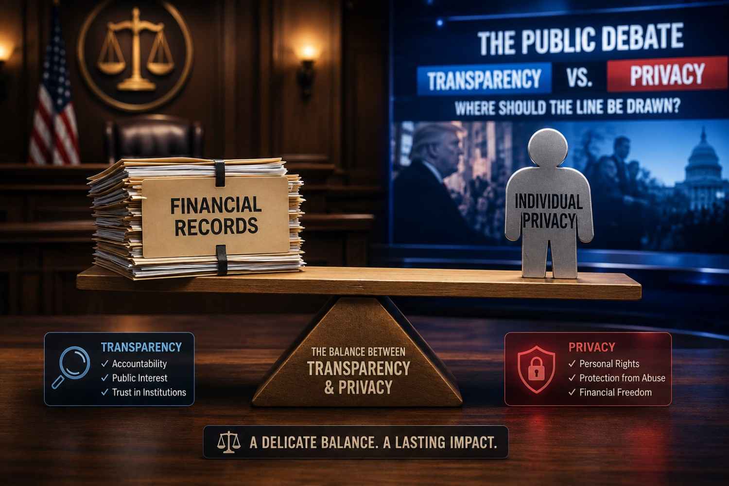 Financial privacy vs accountability balance—a scale with records and person