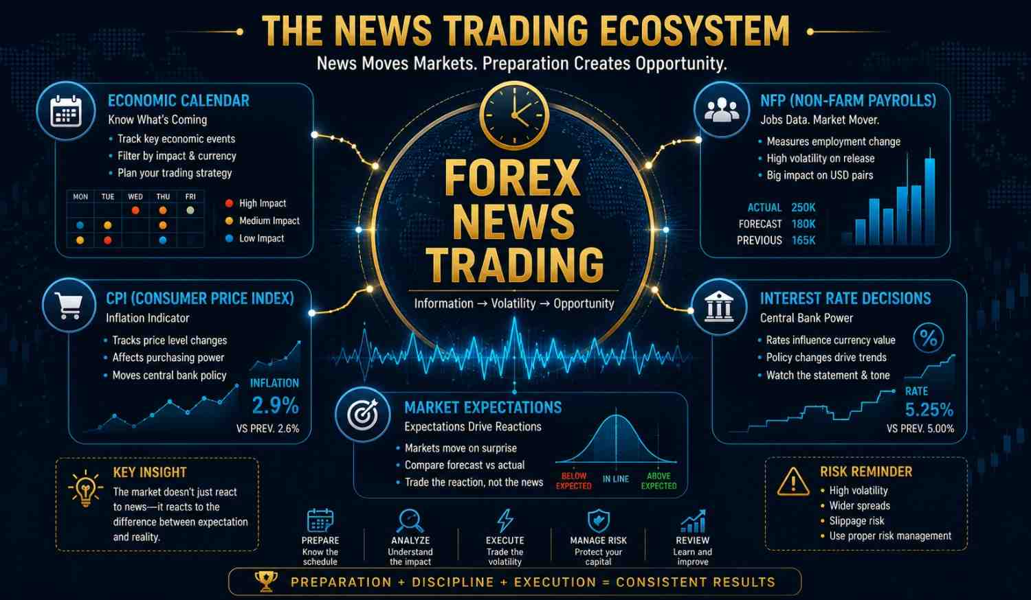 How to trade forex news overview showing economic calendar NFP CPI and interest rate decisions with trading strategies for beginners