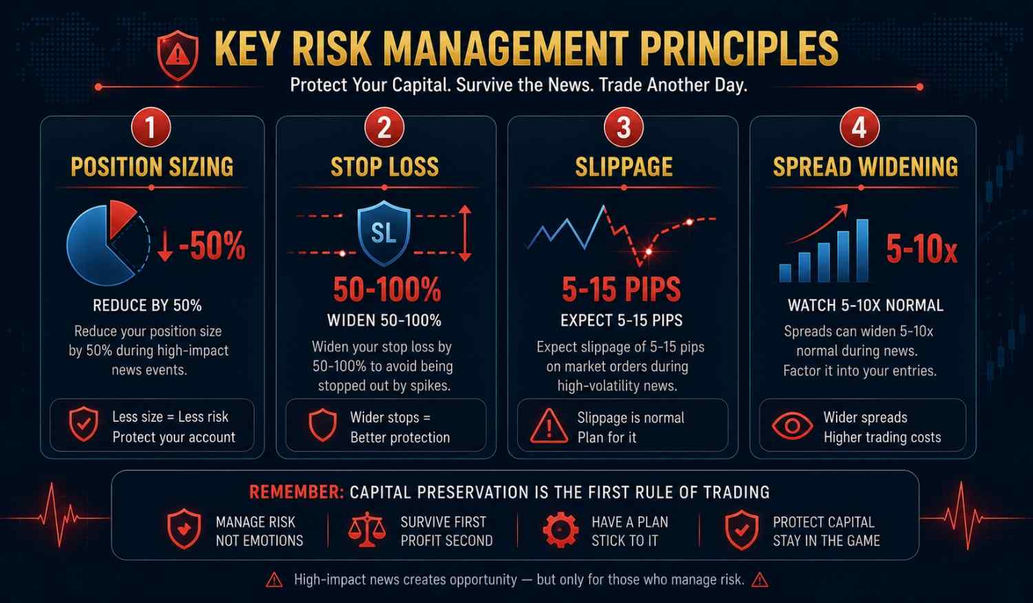 How to trade forex news risk management showing position sizing stop loss placement and slippage protection for beginners