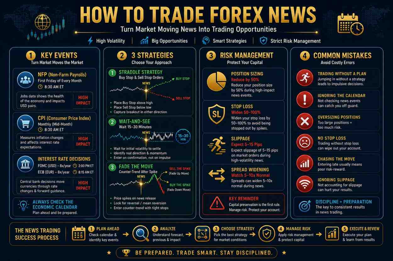 How to trade forex news summary guide showing key events strategies risk management and common mistakes for beginners