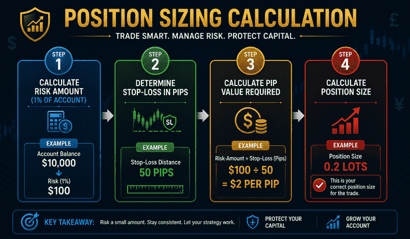 Forex risk management position sizing formula showing how to calculate lot size based on account balance risk percentage and stop loss distance for beginners
