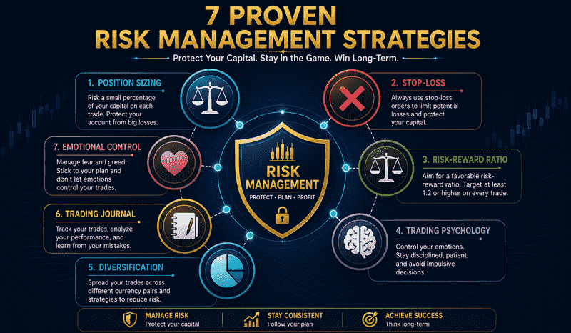 Forex risk management overview showing 7 proven strategies including position sizing stop loss risk reward ratio and trading psychology for beginners