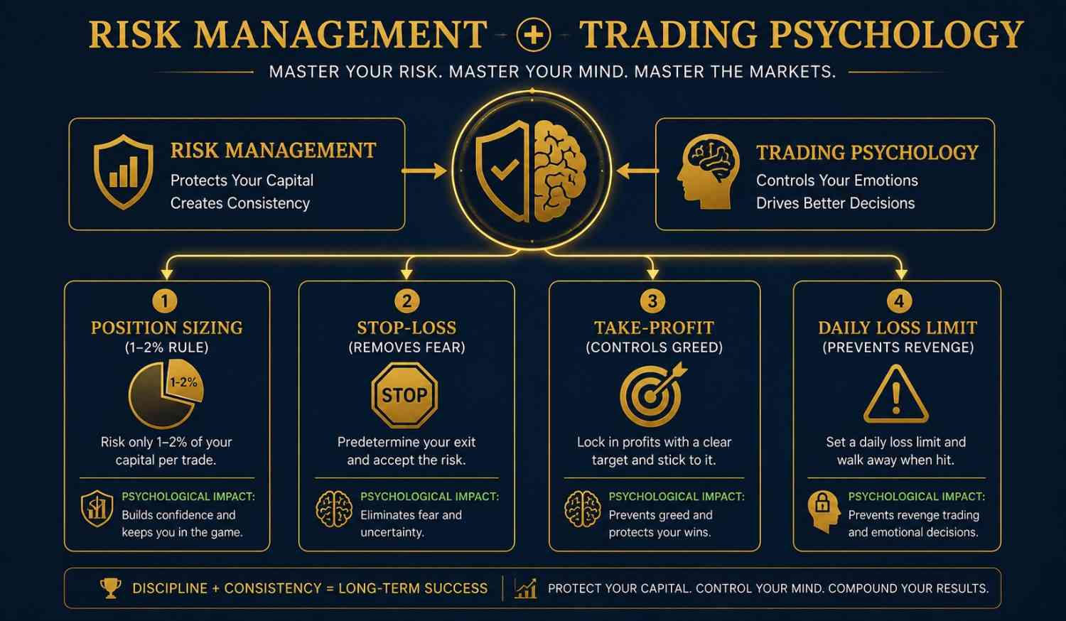 Forex trading psychology and risk management showing position sizing stop-loss and the 1 percent rule for beginners
